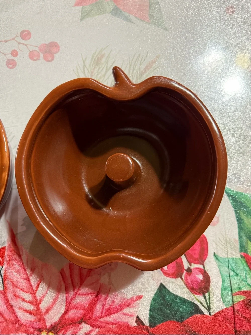 Set of 2 Brown Ceramic Apple-Style Dip Bowls with Central Peg (158)